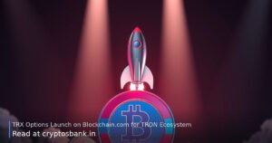 A red and blue TRX coin on a launch pad with a small rocket lifting off under bright spotlights.