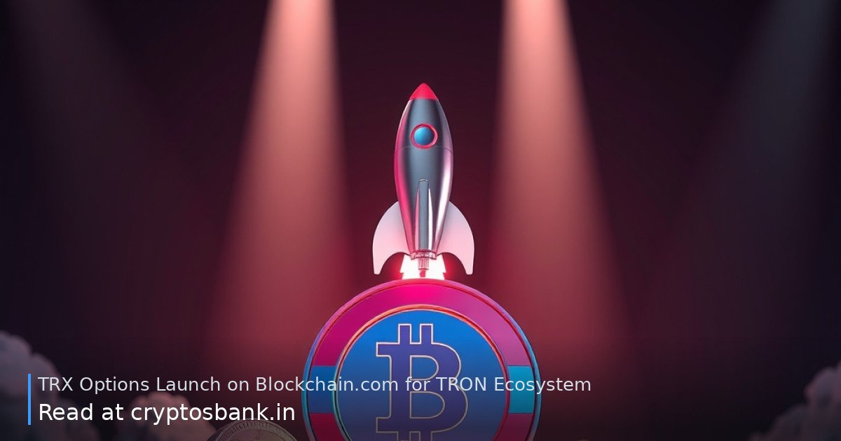 A red and blue TRX coin on a launch pad with a small rocket lifting off under bright spotlights.