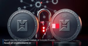 Two abstract identity coins separated by a cracked padlock and glowing verification nodes.