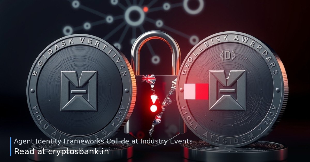 Two abstract identity coins separated by a cracked padlock and glowing verification nodes.
