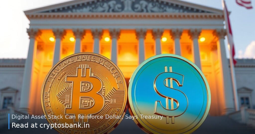 Gold Bitcoin and dollar coin in front of a U.S. government building with warm light.
