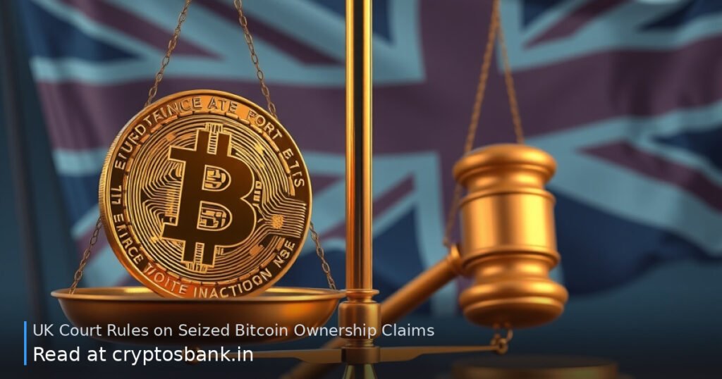 Bitcoin coin on justice scales with UK flag backdrop