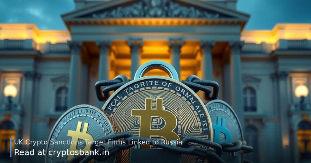 Three crypto coins wrapped in heavy iron chains in front of a UK government building with the British flag.