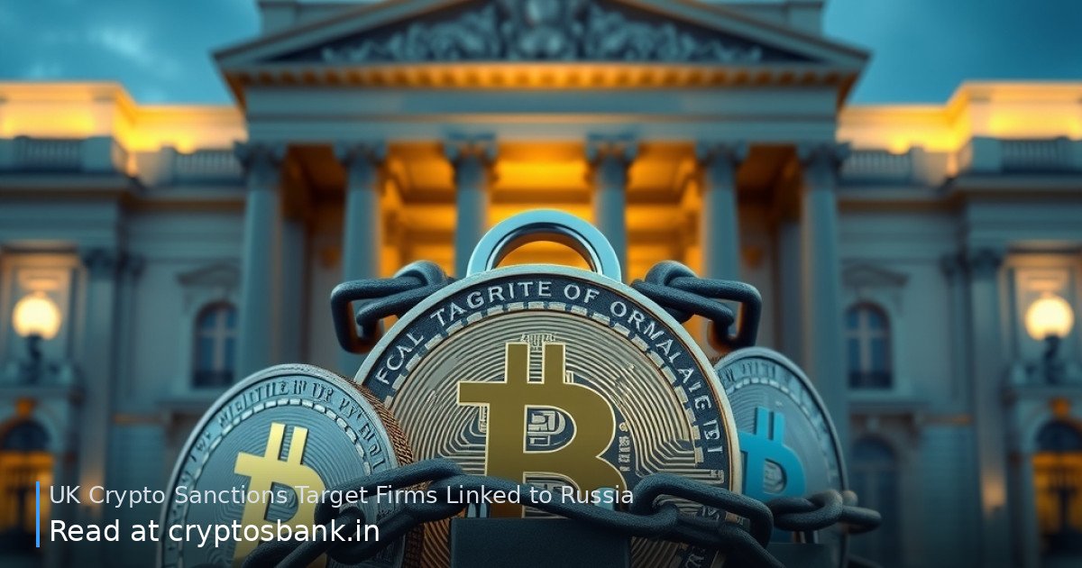 Three crypto coins wrapped in heavy iron chains in front of a UK government building with the British flag.