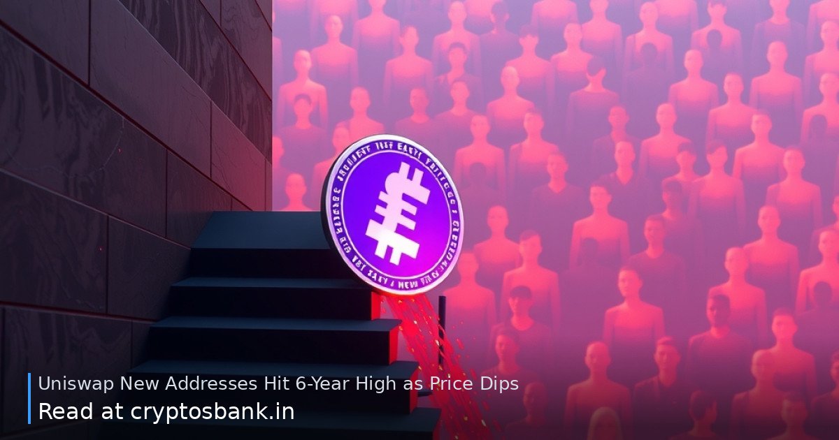 UNI token sliding down a dark staircase as a crowd of new user silhouettes glows in the background.