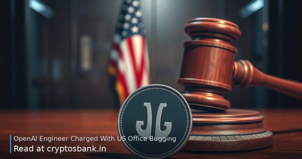 An abstract coin under a judge's gavel with the US flag in the background, representing legal charges.
