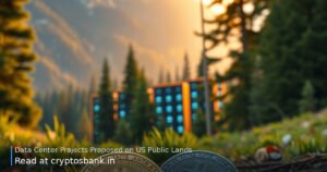 Crypto coins resting on a pristine US public park landscape where glowing data center server towers are being built.