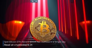 A gold Bitcoin coin sliding down a dark staircase with red light trails, against a US flag background.