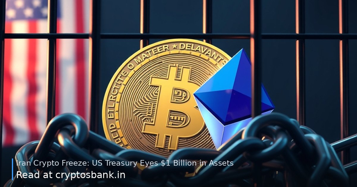 Crypto assets wrapped in chains against a US flag reflection, symbolizing a government freeze.