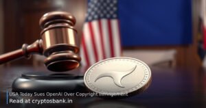 A dark silver token under a judge's gavel with the US flag in the background.