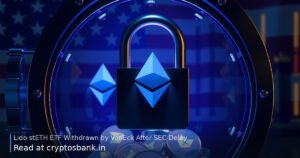 A locked glass vault with Ethereum crystal tokens inside and a heavy padlock, representing a halted ETF.