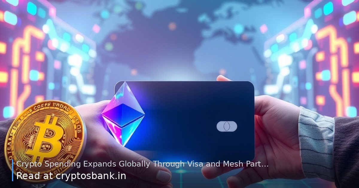 Crypto coins and card linked by a glowing bridge, representing global spending.