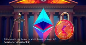 Ethereum crystal on scales of justice beside a cracked padlock under warm and red warning light.