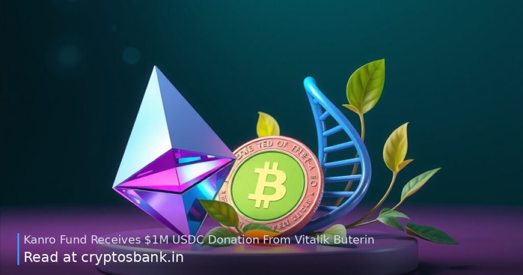 Ethereum crystal and USDC coin next to a glowing DNA helix symbolizing biotech donation.