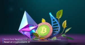 Ethereum crystal and USDC coin next to a glowing DNA helix symbolizing biotech donation.