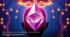 An Ethereum crystal floating between a human silhouette and a robotic AI head under a glowing data brain.