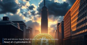 A steady Bitcoin coin beneath fading storm clouds over a Wall Street skyline, symbolizing calming fears.