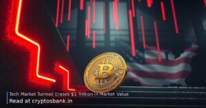 A gold Bitcoin sliding down a dark staircase with red light trails and a US flag in the background.