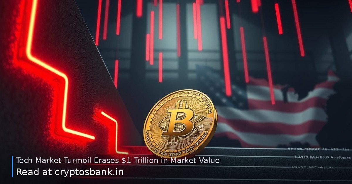A gold Bitcoin sliding down a dark staircase with red light trails and a US flag in the background.