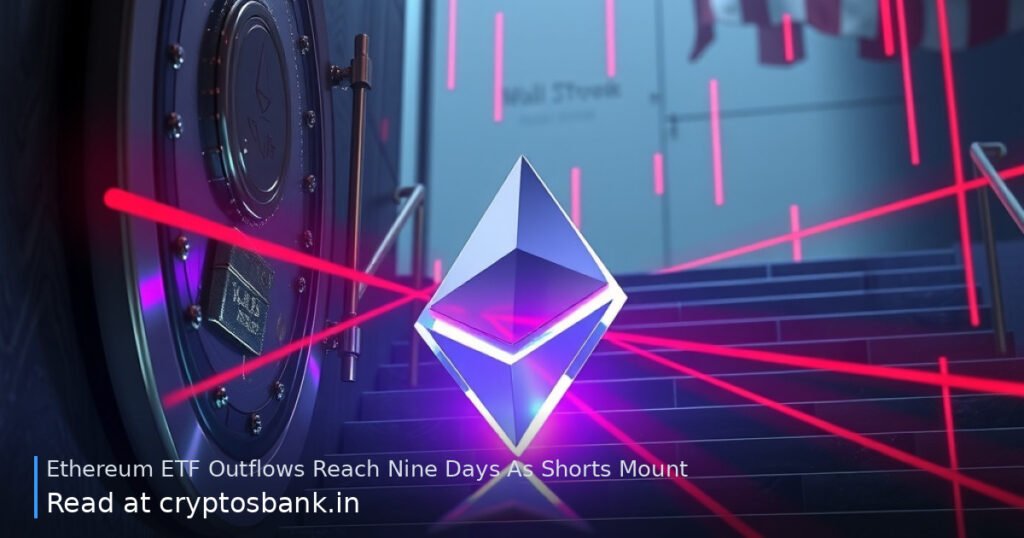 Ethereum crystal sliding down a dark staircase with red light trails, symbolizing ETF outflows and short positions.