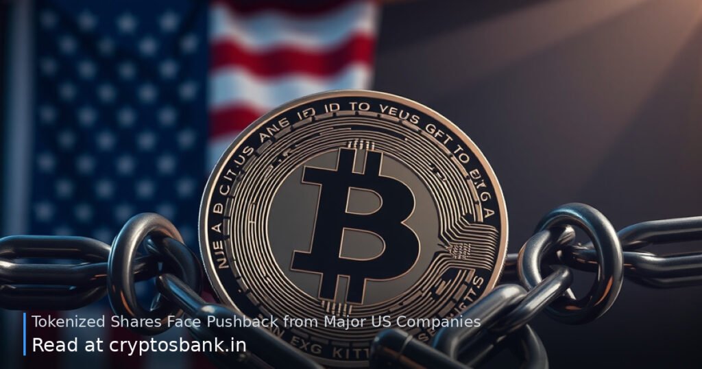 Tokenized share coin wrapped in heavy chains with US flag reflection.