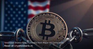 Tokenized share coin wrapped in heavy chains with US flag reflection.
