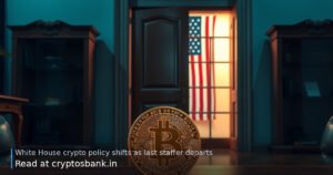 An empty desk with a Bitcoin coin as the last White House crypto staffer departs, US flag in background.