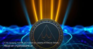 A dark silver coin glowing beneath a neural network and a digital timeline feed.