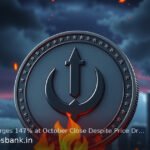 An XRP token surrounded by rising flames against a dark, moody city skyline at night.