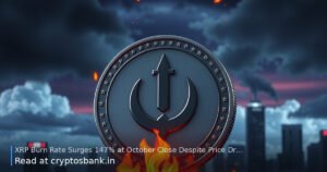 An XRP token surrounded by rising flames against a dark, moody city skyline at night.