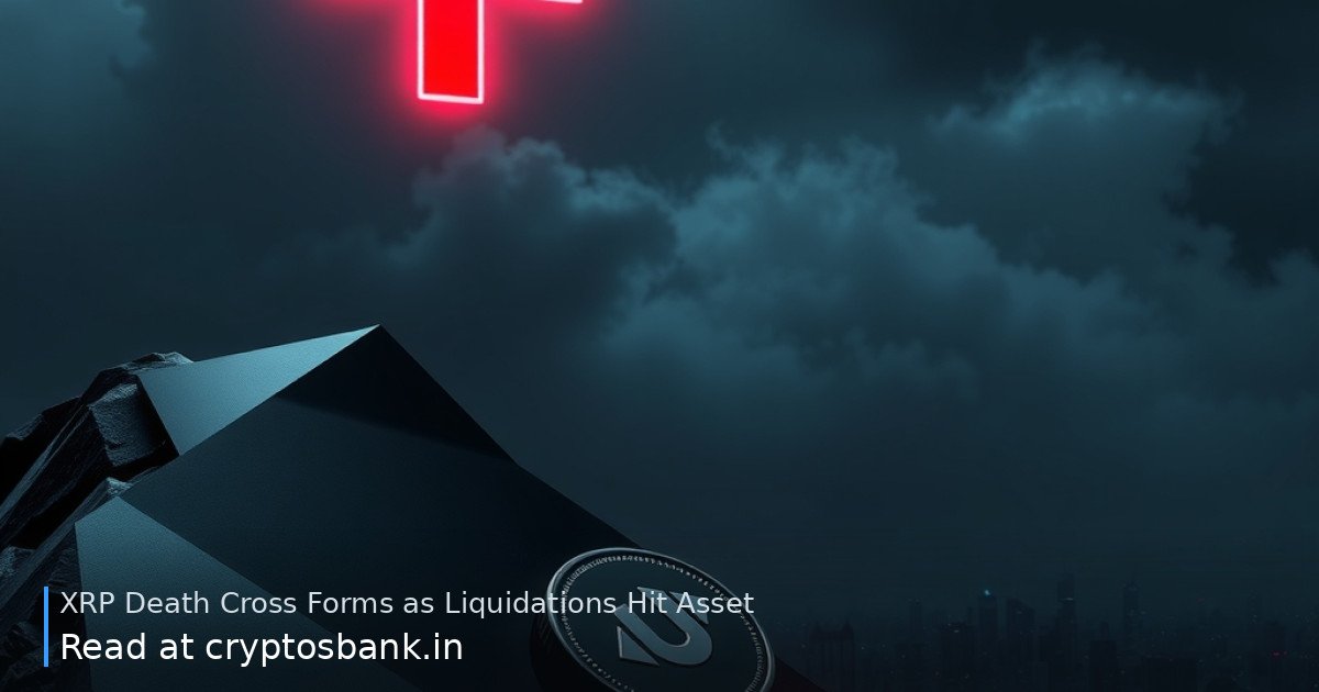 A sleek dark silver XRP coin sliding down a dark slope under an ominous glowing red cross in the sky.