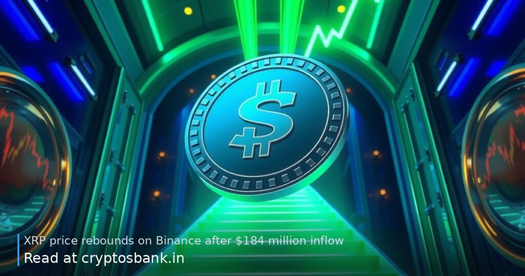 An XRP token climbs a glowing green staircase representing a sudden market rebound and inflow.