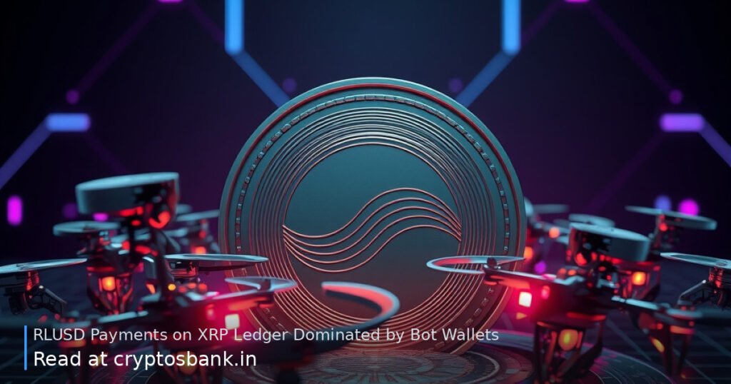 Mechanical bot wallets swarming around an RLUSD stablecoin on a digital ledger grid.