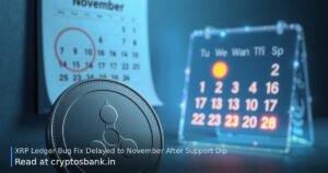 An illustration of an XRP coin, a November calendar page, and a dimmed digital node network showing a delay.