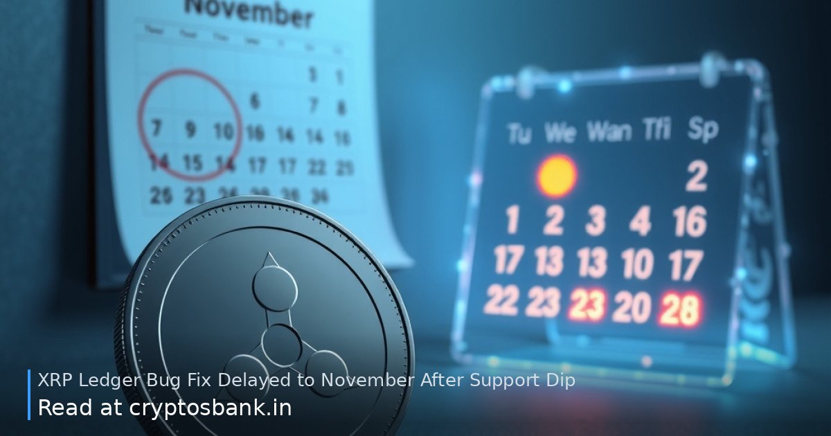An illustration of an XRP coin, a November calendar page, and a dimmed digital node network showing a delay.