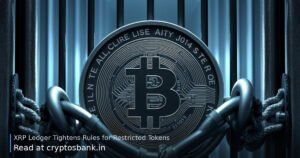 XRP coin wrapped in heavy iron chains behind a metal barrier, representing restricted token rules.