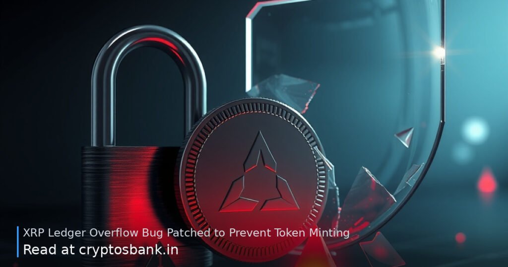 A dark silver coin with an abstract emblem beside a cracked padlock and shattered glass under red warning light.