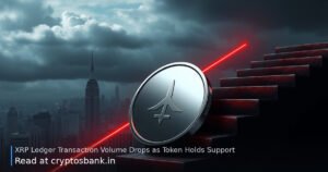 XRP coin sliding down a dark staircase with red light trails and a moody city skyline.