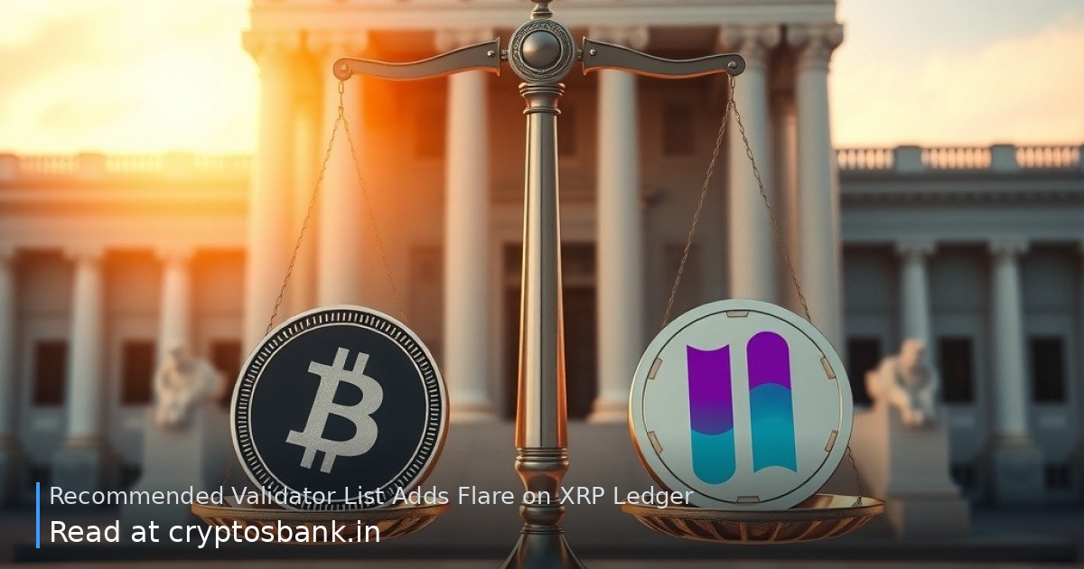 XRP Ledger and Flare coins resting on scales of justice before a government building.