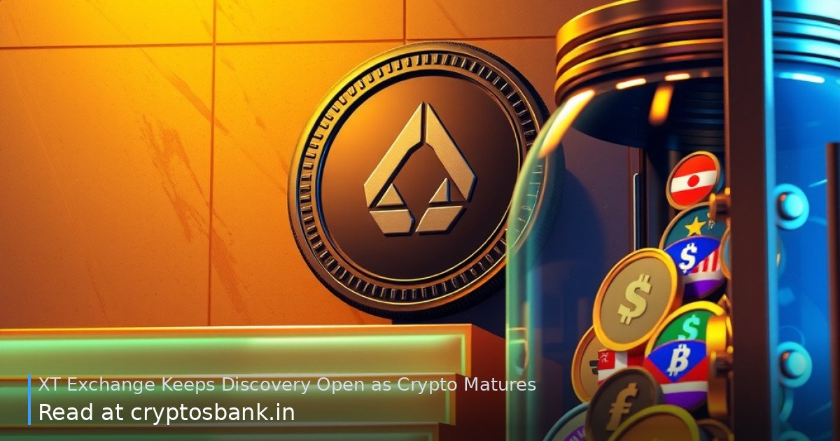 An abstract coin climbs a glowing green staircase past a glass vault, illustrating crypto discovery.