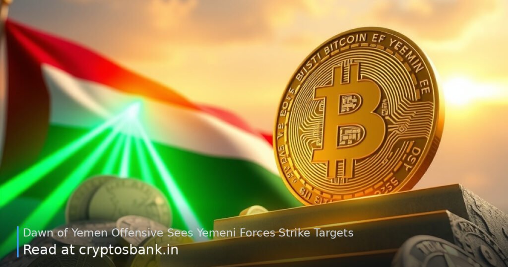Gold Bitcoin climbing glowing green stairs against the Yemeni flag.