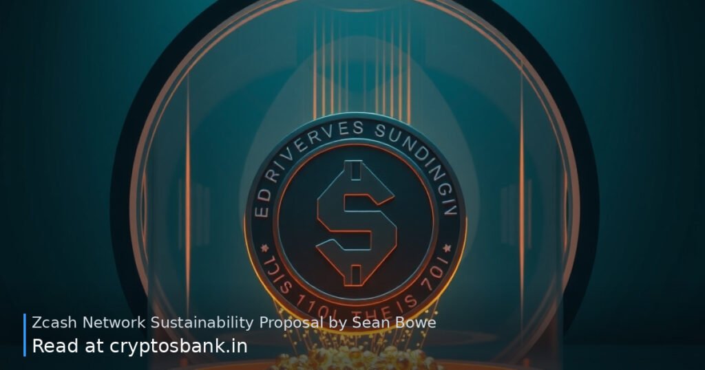 A dark silver Zcash coin inside a glowing glass reserve vault receiving a stream of glowing particles.