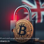 A gold Bitcoin coin beside a cracked padlock and shattered glass, with the British flag in the background.