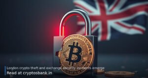 A gold Bitcoin coin beside a cracked padlock and shattered glass, with the British flag in the background.