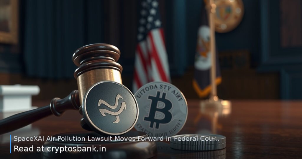 A judge's gavel and a dark silver coin against a United States flag background.