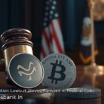 A judge's gavel and a dark silver coin against a United States flag background.